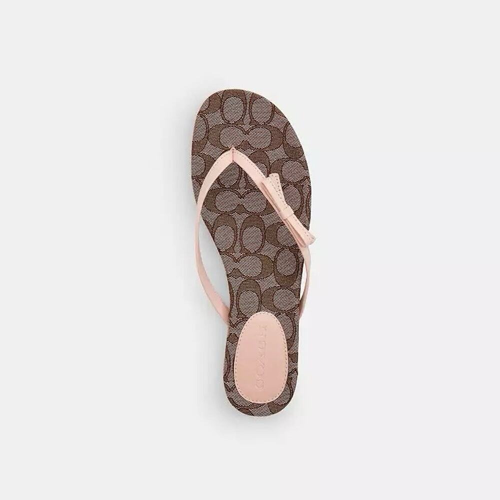 NWT Coach Woman Bow Flip Flop Signature Jacquard Oak/Candy Pink CEE17 us 9 - Picture 8 of 8